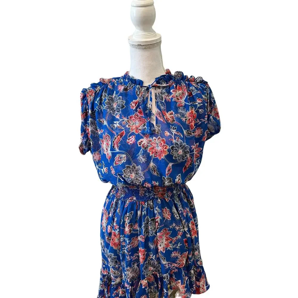 Misa LA Dominque Chiffon Smocked Tiered Mini Dress Blue Floral Print M